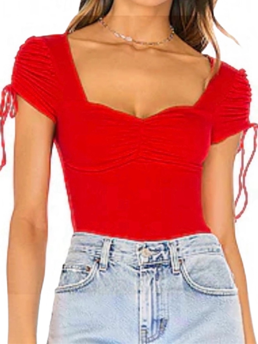 Superdown Sierra Red Ribbed Ruched Sweetheart Crop Top Womens S
